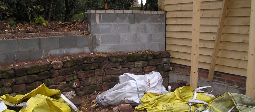 Half finished sandstone drystone wall in Cheshire